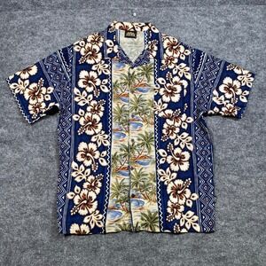 ODO Mens Blue Tropical Palm Tree Hibiscus Floral Geometric Button Down‎ Shirt L